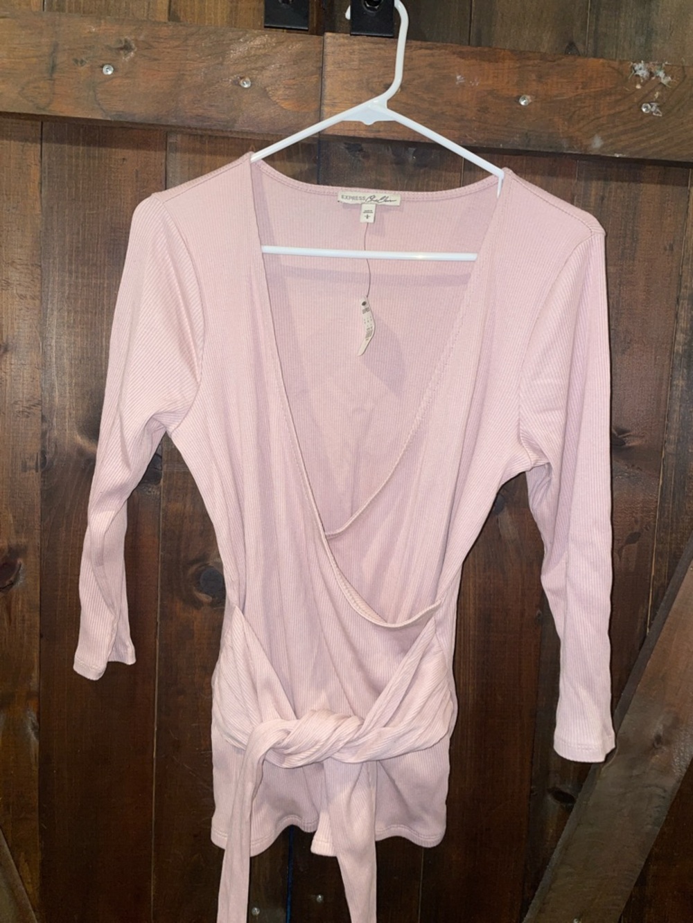 Express Pink Ribbed Wrap Top with Tie Front